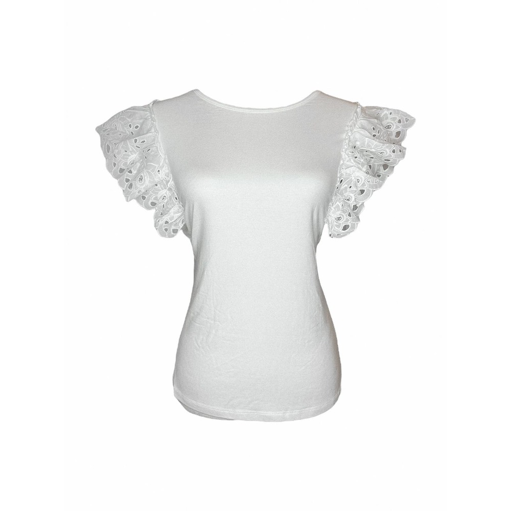 Patrizia Luca Womens Ruffle Sleeve White T-shirt Size M Tee Round Neck Top